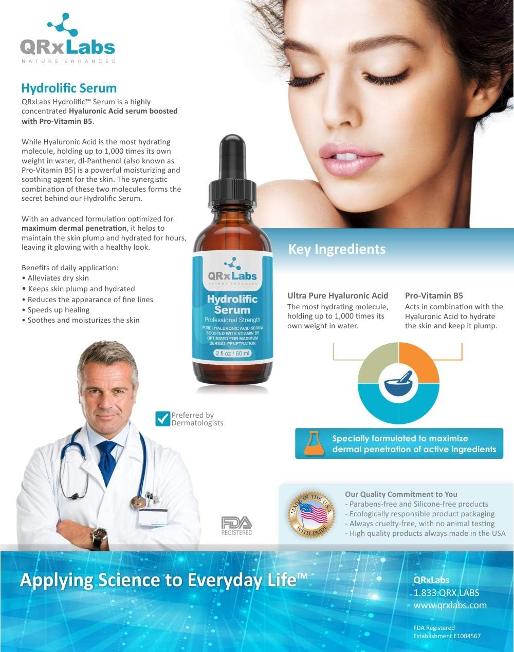 QRxLabs Hydrolific Hyaluronic Acid Serum with Vitamin B5 for Deep Skin Hydration & Dermal Penetration - Moisturizing Face Serum